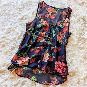 Sheer Floral & Button Tank Top